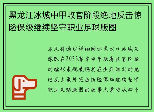 黑龙江冰城中甲收官阶段绝地反击惊险保级继续坚守职业足球版图